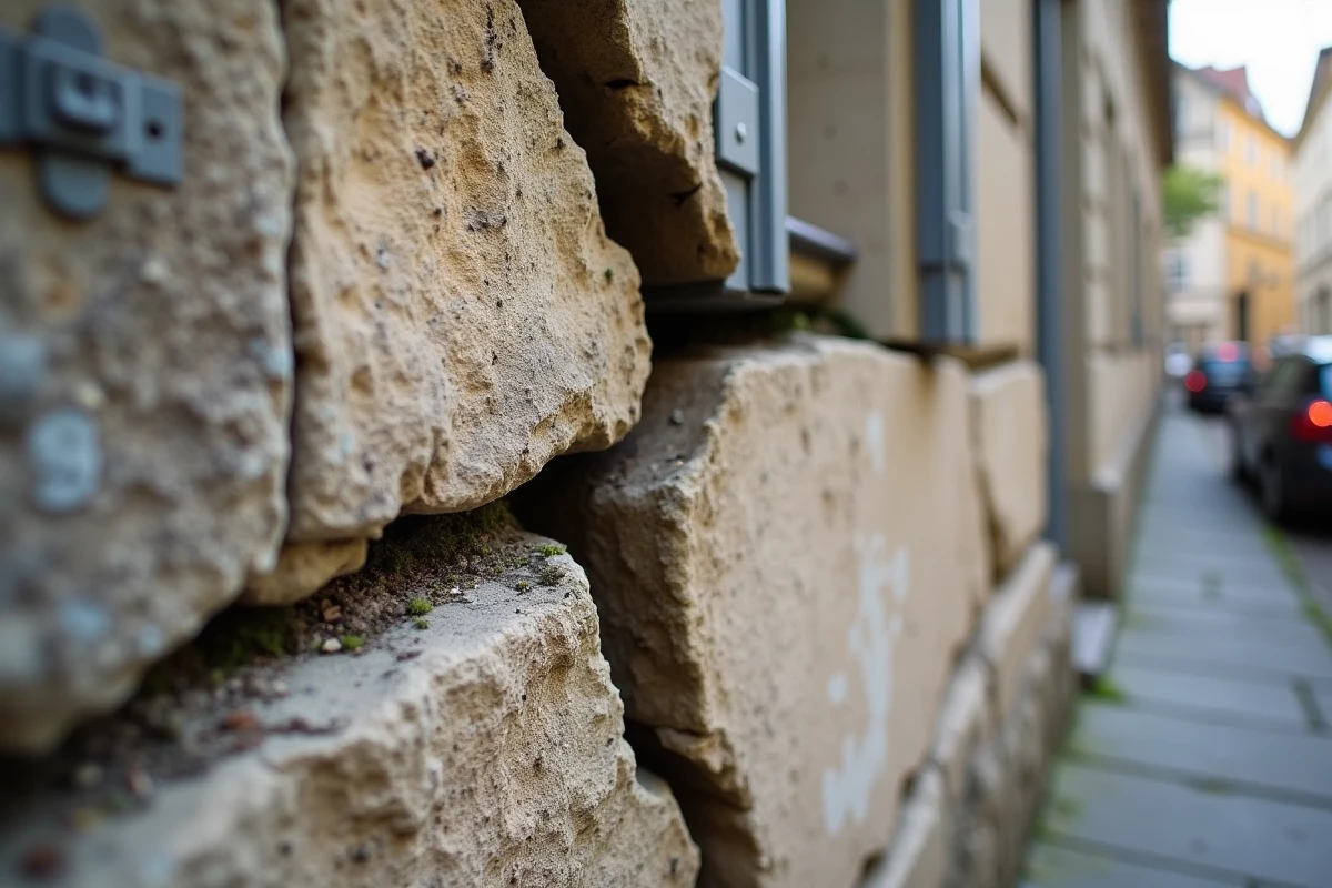 Gros plan d'une fissure structurelle sur la façade en pierre d'une maison ancienne, indicateur potentiel de vice caché