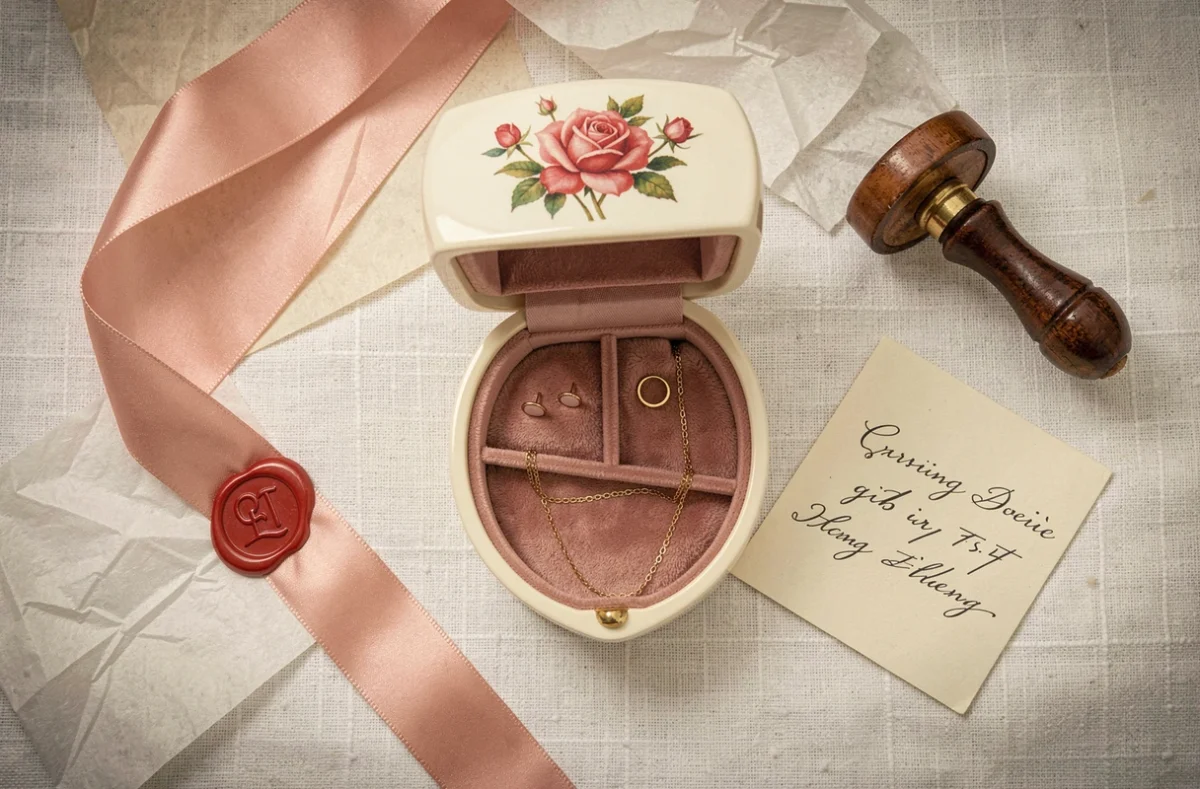 Flat-lay d'une boîte à bijoux ivoire personnalisée avec motif peint à la main, entourée d'accessoires d'emballage cadeau élégants sur nappe en lin blanc
