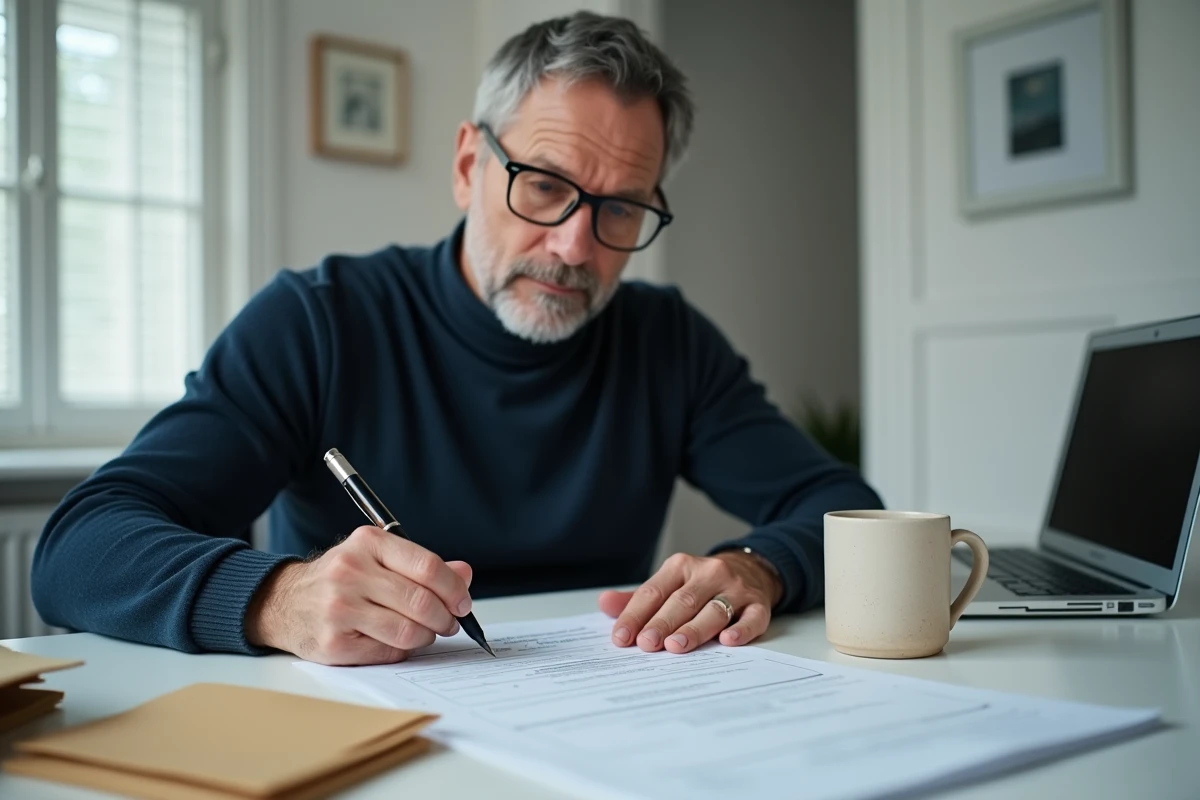 Homme remplissant un formulaire de transfert de courrier dans un bureau à domicile