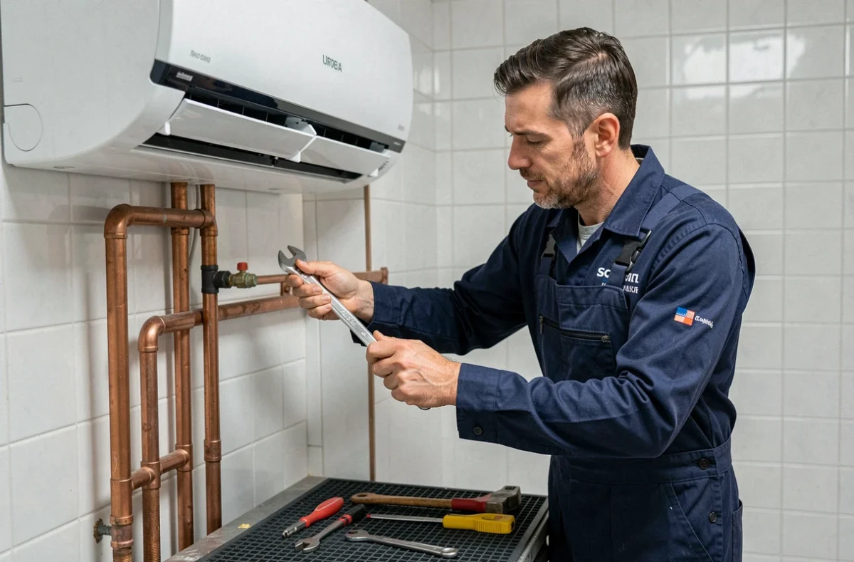 Technicien Foussadier Entreprise intervenant sur une installation combinée de climatisation et plomberie dans un appartement parisien