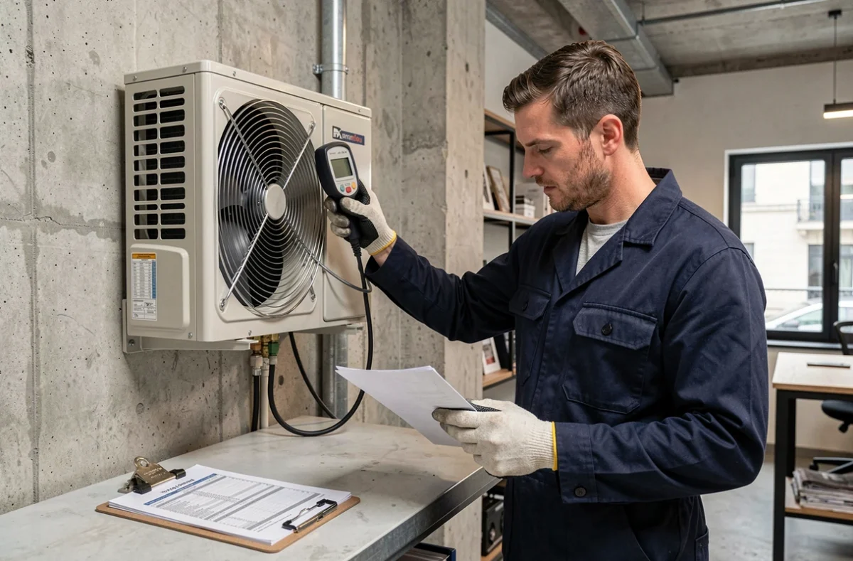 Technicien Gaz Confort Plus effectuant la maintenance d'un système de chauffage et climatisation dans un local commercial parisien