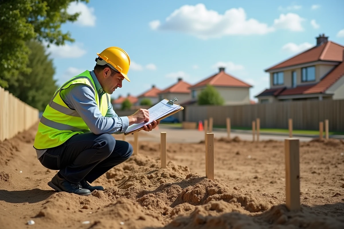 Géomètre sur un terrain à aménager consultant les plans de permis d'aménager