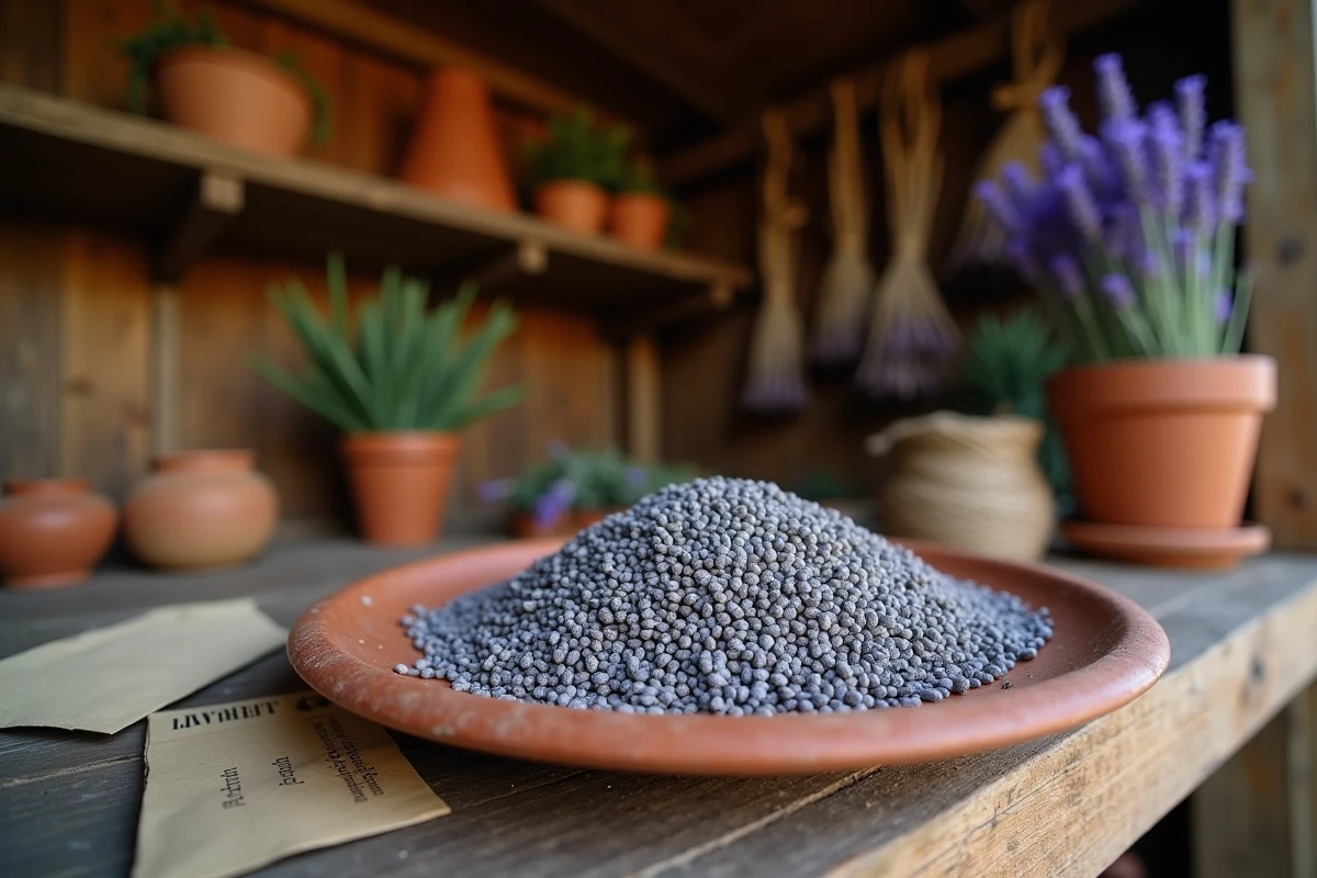 Graines de lavande récoltées sur une assiette en terre cuite dans un atelier de jardinage
