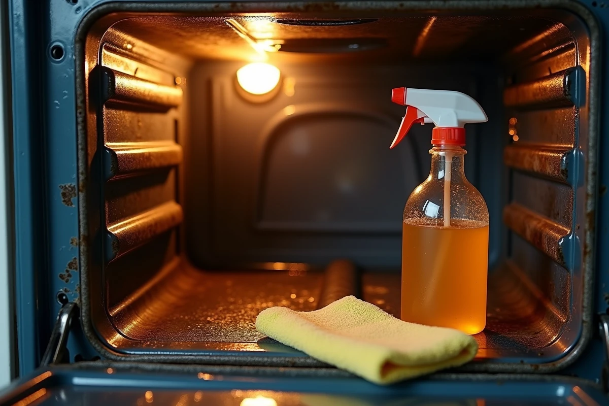 Intérieur de four encrassé avec dépôts de graisse carbonisée et produits de nettoyage naturels posés sur la porte ouverte