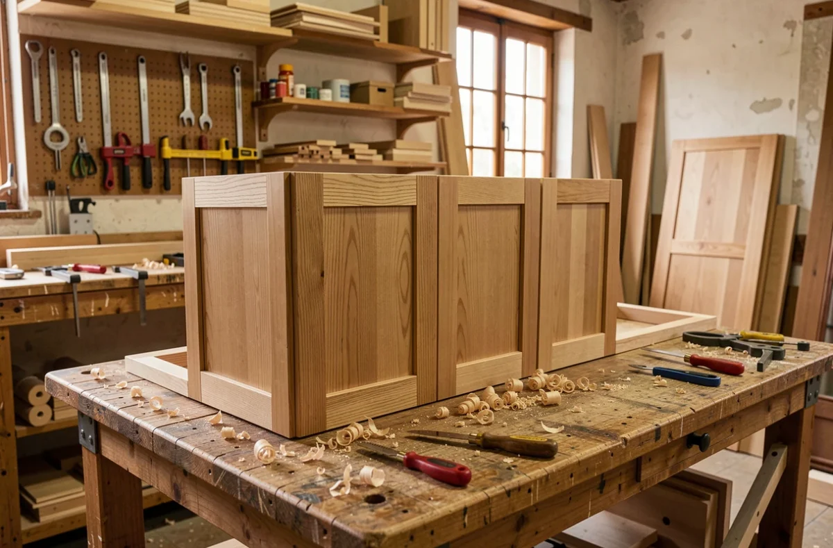 Atelier artisanal Grall avec fabrication de portes de cuisine en bois massif chêne naturel
