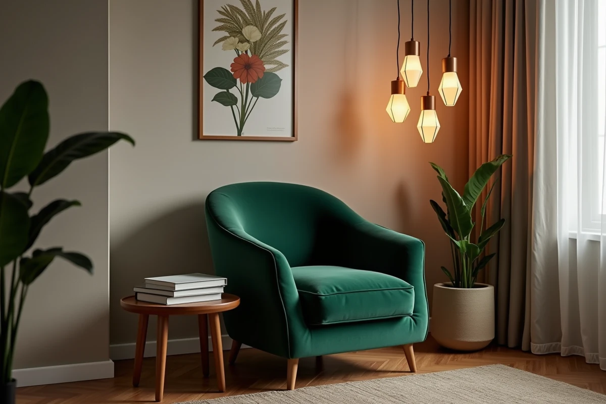 Grappe de cinq petites suspensions géométriques à hauteurs variées au-dessus d'un fauteuil velours dans un salon cosy