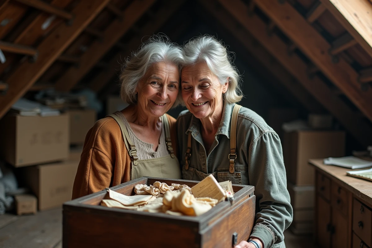 Mère et fille explorant un vieux coffre rempli de souvenirs dans un grenier avec des poutres en bois apparentes