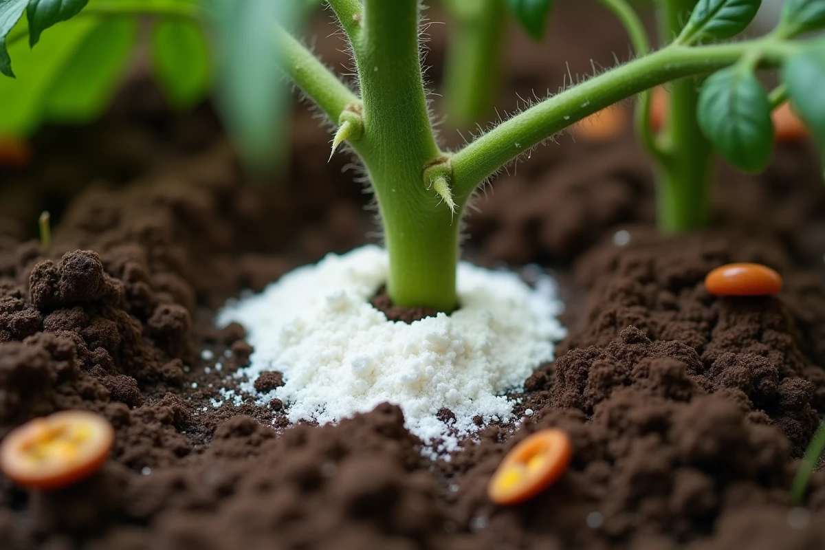 Gros plan sur du bicarbonate de soude répandu au pied d'un plant de tomate dans la terre du jardin