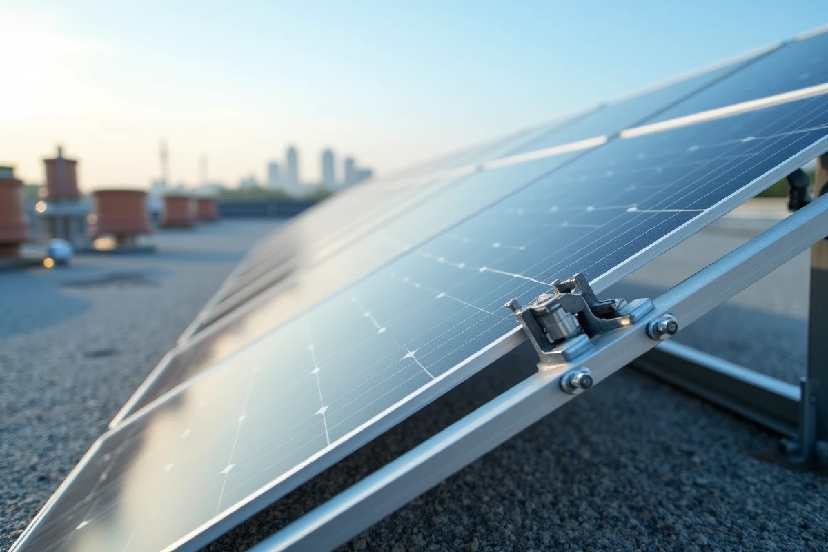 Gros plan sur l'installation de panneaux photovoltaïques sur un toit plat commercial avec rails et câblage