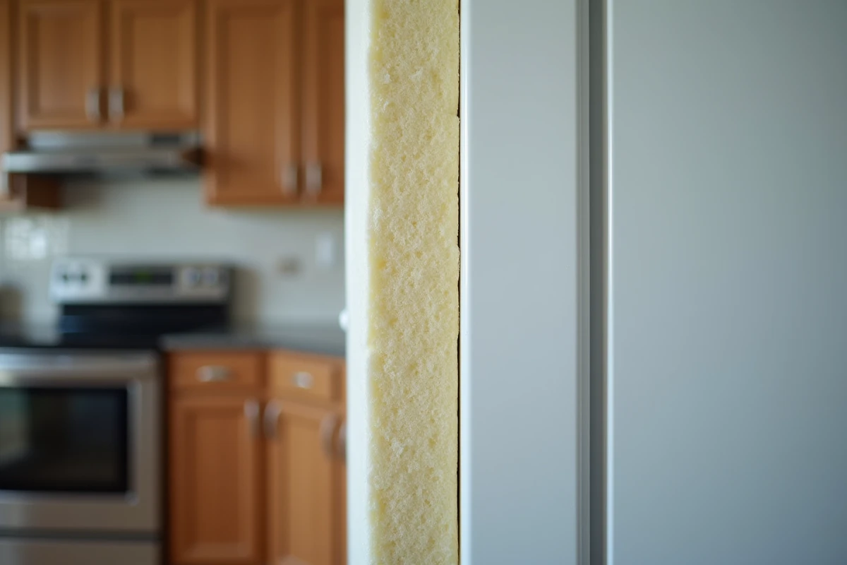 Gros plan sur un panneau isolant thermique placé entre le four encastré et le réfrigérateur