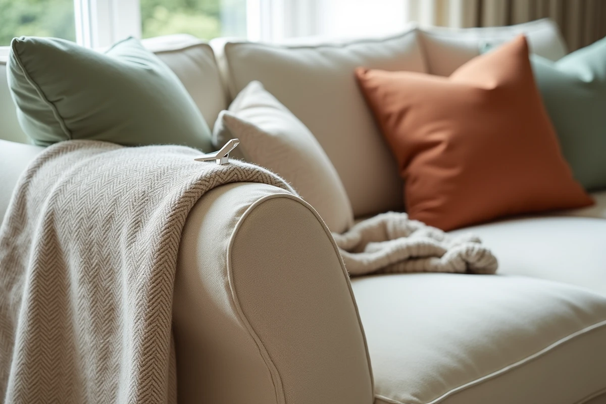 Gros plan d'un jeté à motif chevron fixé sur l'accoudoir d'un canapé en lin crème avec des coussins décoratifs