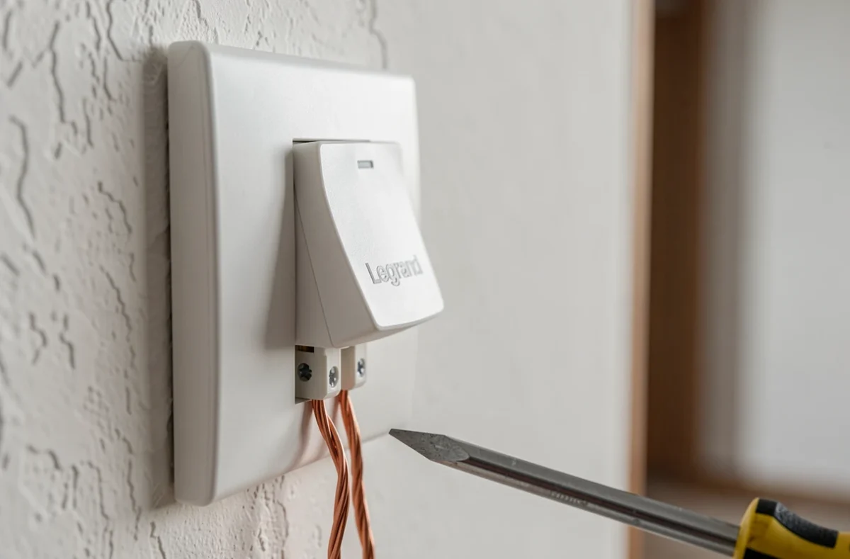 Gros plan sur le raccordement des fils électriques dans un bouton poussoir Legrand encastré