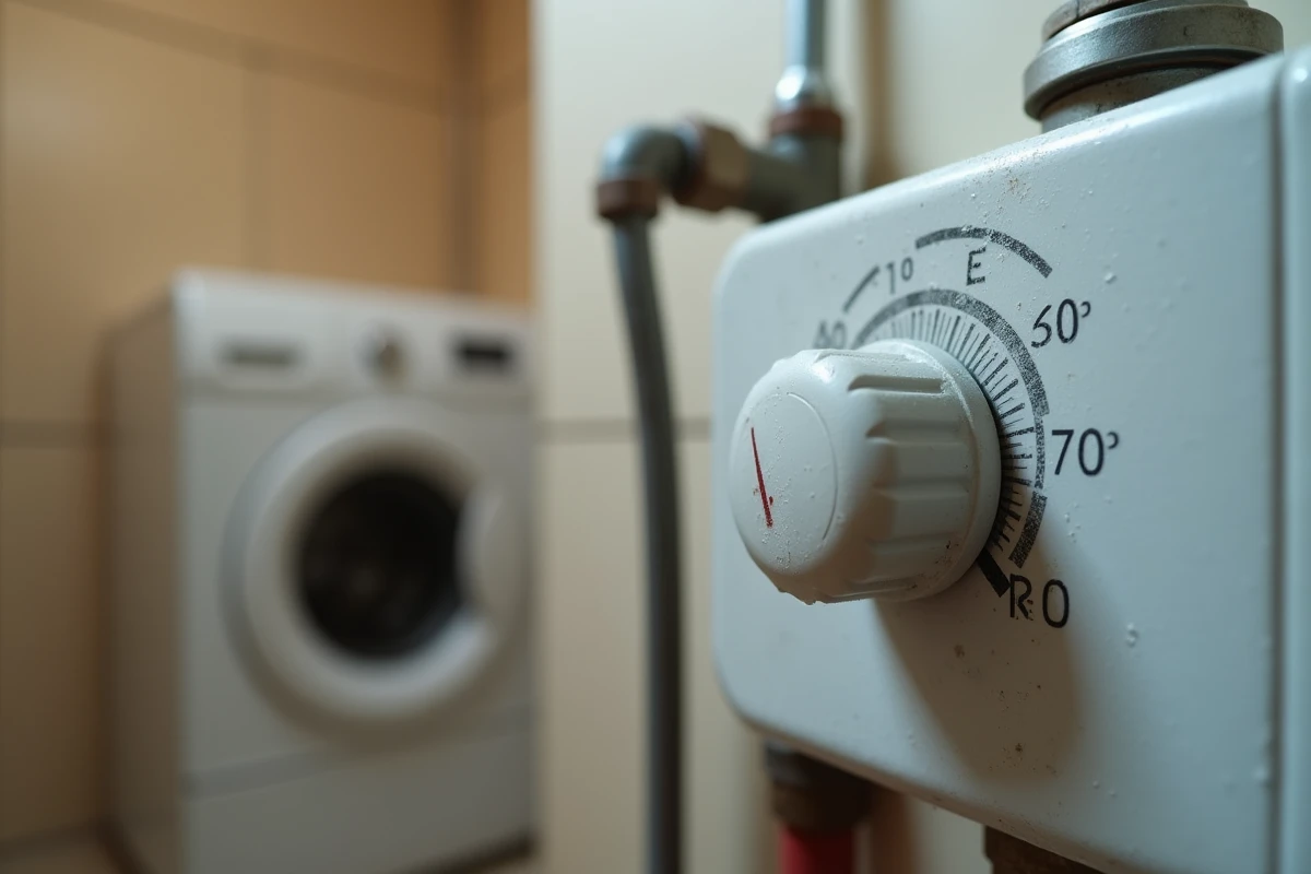 Gros plan sur le thermostat d'un chauffe-eau électrique avec graduation de température en degrés Celsius