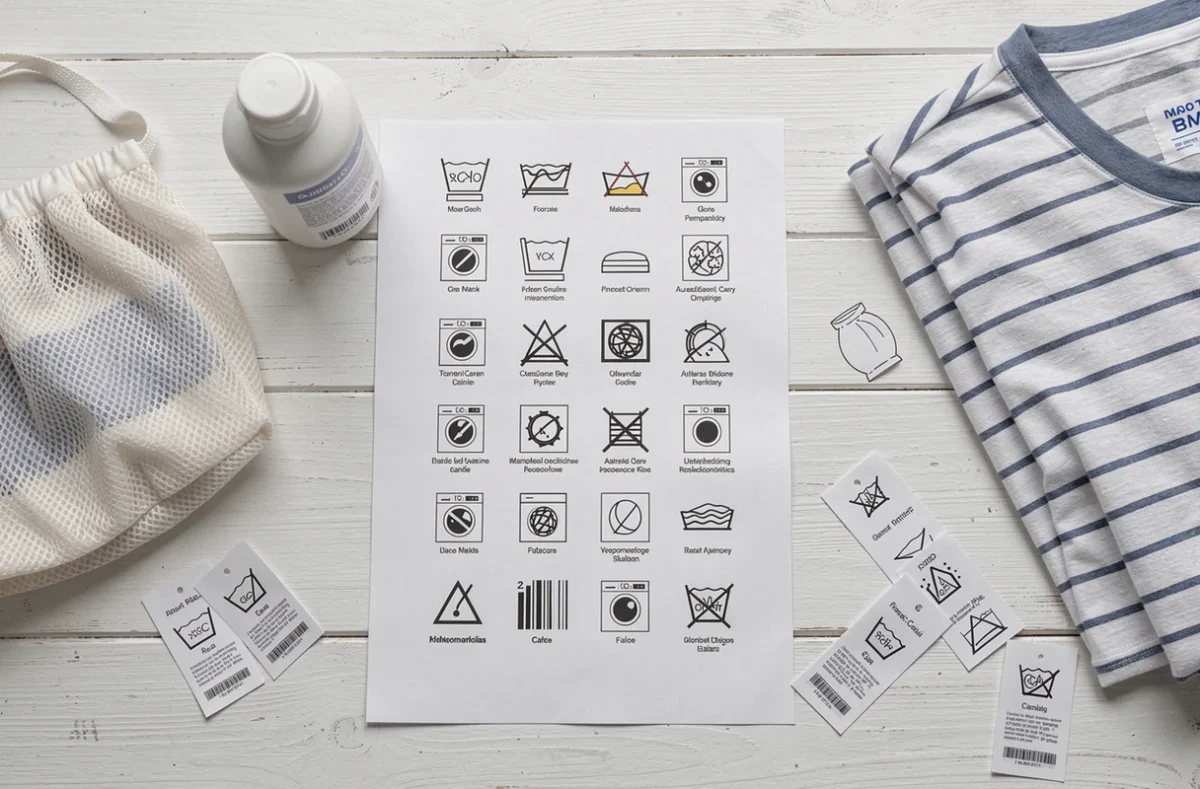 Guide imprimable des symboles de lavage posé sur une surface blanche entouré d'accessoires de buanderie