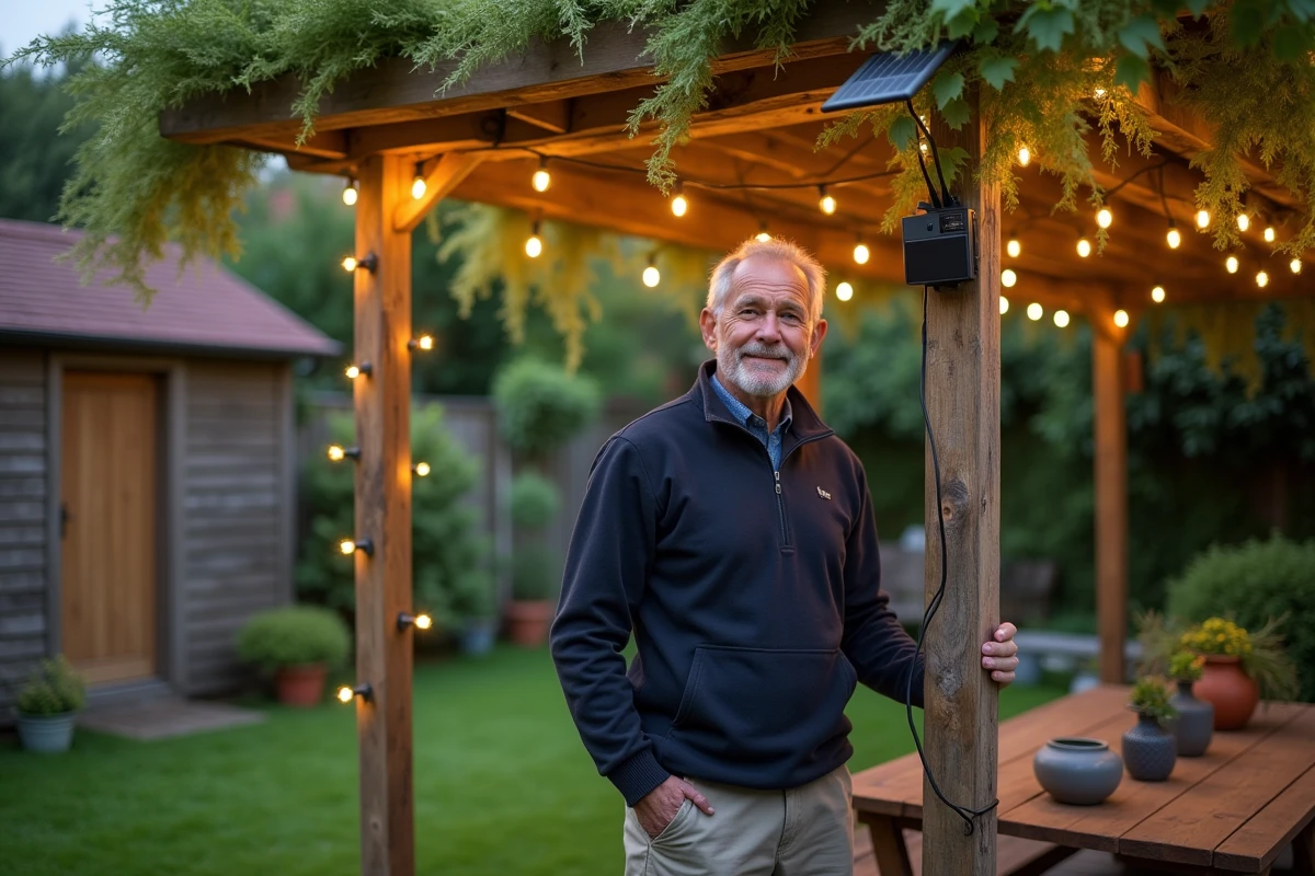 Homme installant un panneau solaire pour alimenter des guirlandes lumineuses sur une pergola en bois couverte de glycine