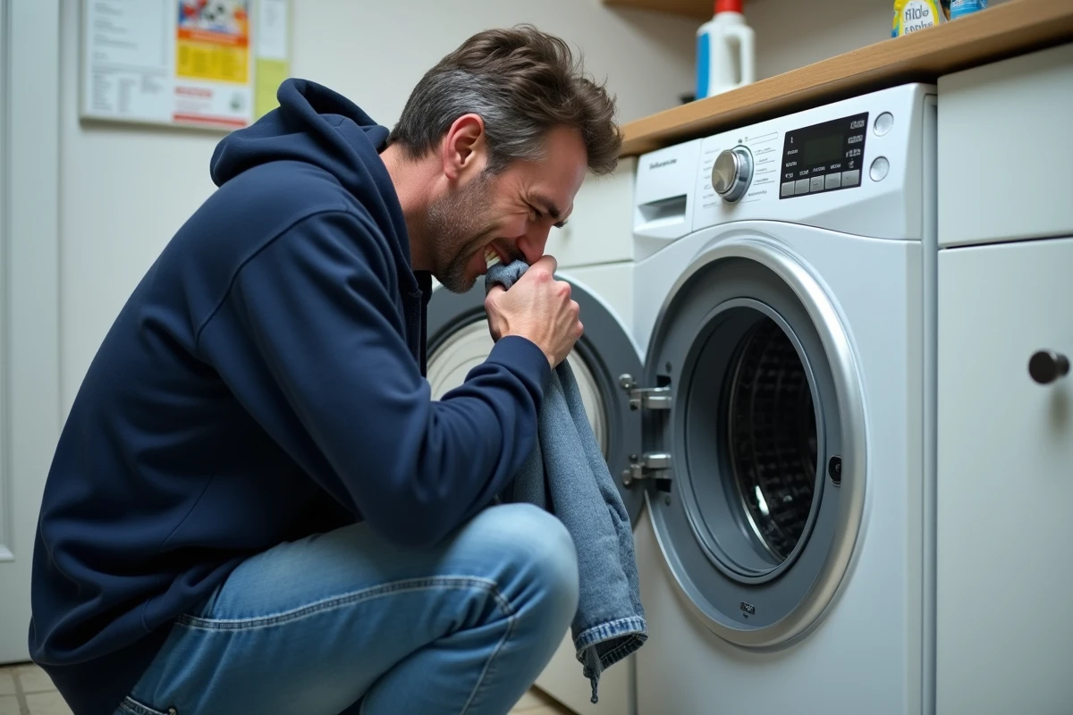 Homme accroupi devant un lave-linge tenant un vêtement froissé pour sentir une mauvaise odeur, dans une buanderie domestique.