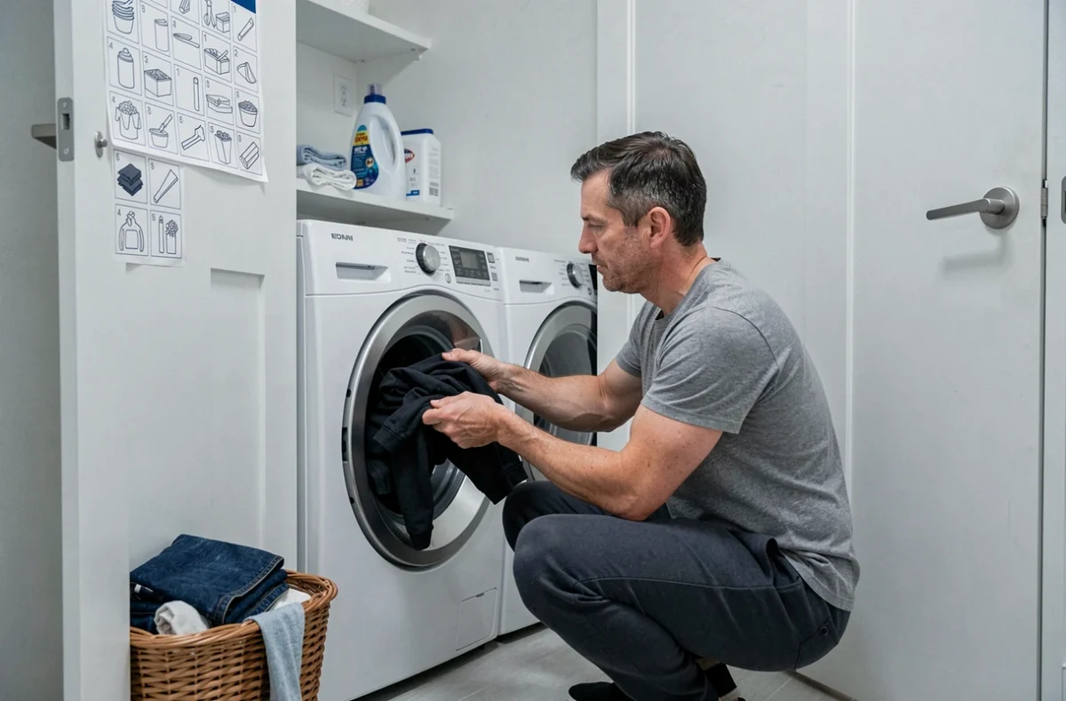 Homme chargeant un lave-linge en consultant un tableau des symboles de lavage affiché dans un placard buanderie