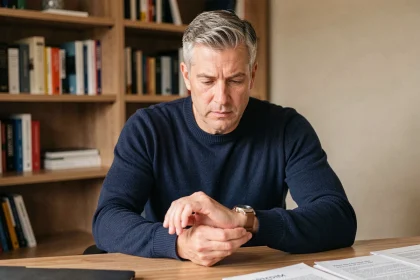 Homme en pull marine examinant attentivement une montre Delpherm à son bureau, évaluant sa qualité et fiabilité