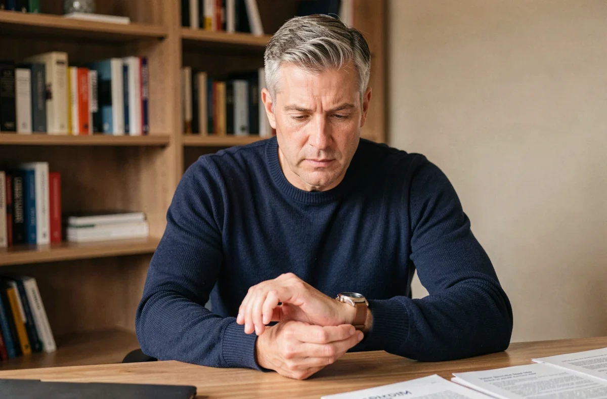 Homme en pull marine examinant attentivement une montre Delpherm à son bureau, évaluant sa qualité et fiabilité