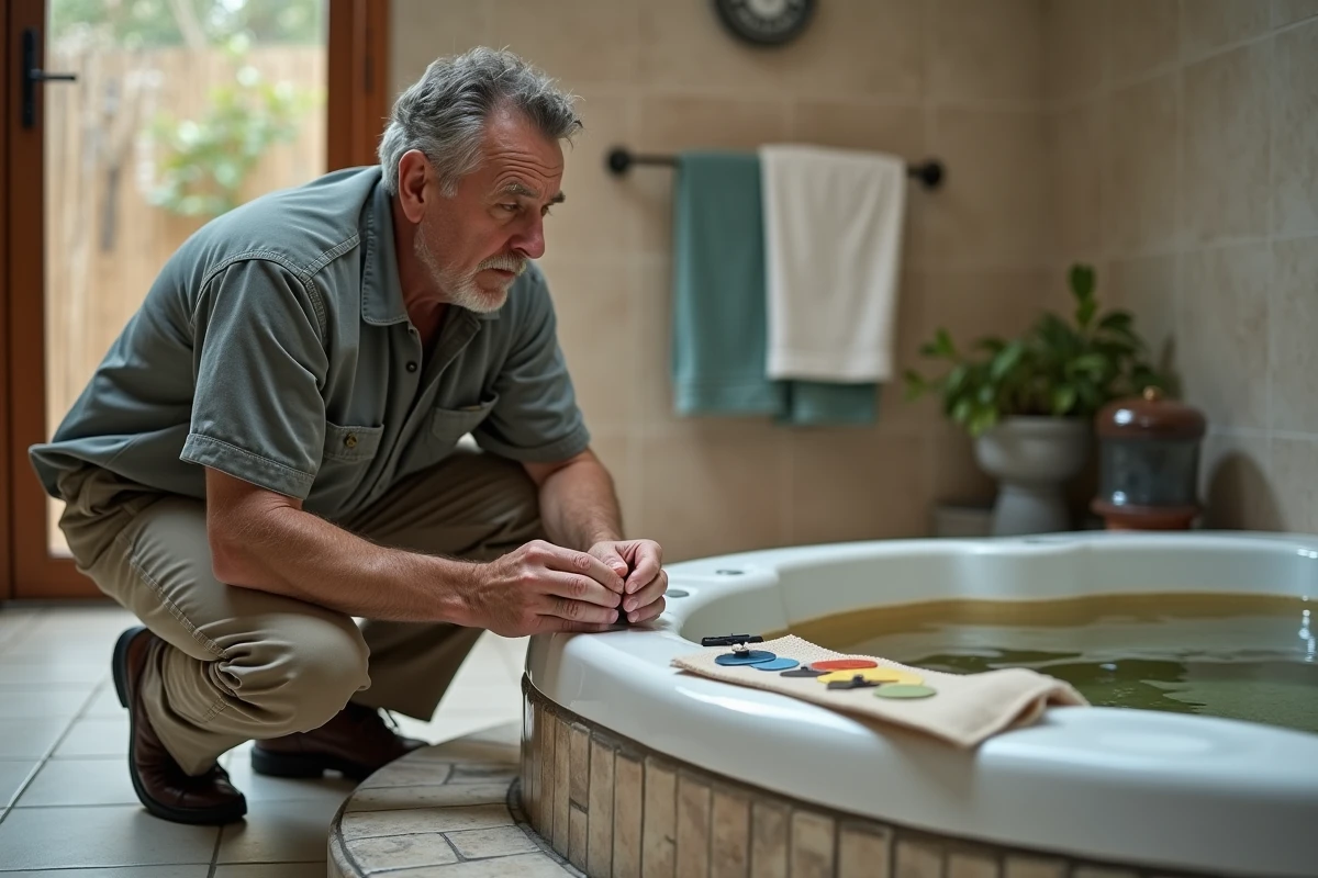 Homme inspectant l'eau décolorée d'un spa intérieur avec un kit de test chimique, montrant les conséquences d'une eau négligée