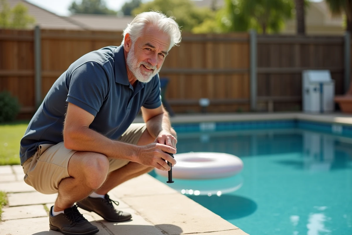Homme inspectant le filtre de sa piscine pour optimiser les horaires de filtration