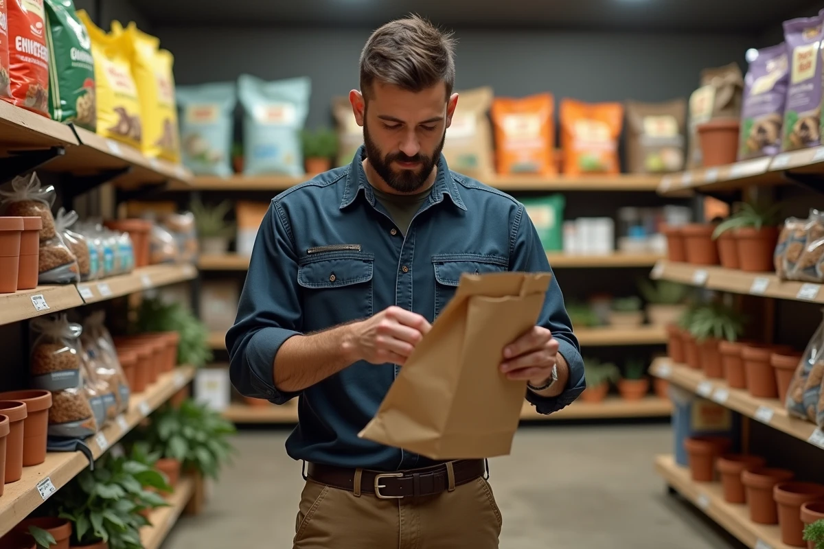 Homme en jardinerie lisant l'étiquette d'un sac d'engrais naturel pour choisir le produit le plus sûr
