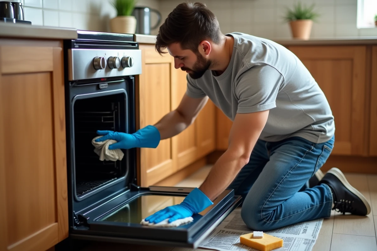 Homme agenouillé nettoyant la vitre encrassée d'un four ouvert avec un chiffon humide et une pâte de bicarbonate