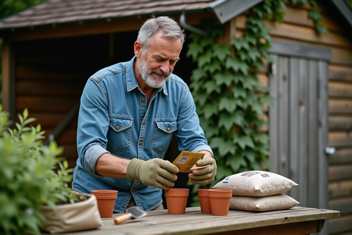 Homme consultant un sachet de graines à un établi de jardinage en bois devant un abri de jardin rustique