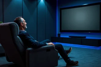 Homme installé dans un fauteuil de home cinéma face à un grand écran dans une salle dédiée
