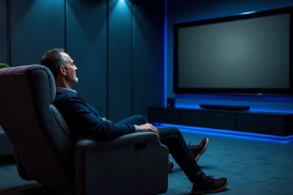 Homme installé dans un fauteuil de home cinéma face à un grand écran dans une salle dédiée