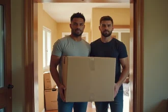 Deux hommes portant ensemble un grand carton lors d'un déménagement à domicile