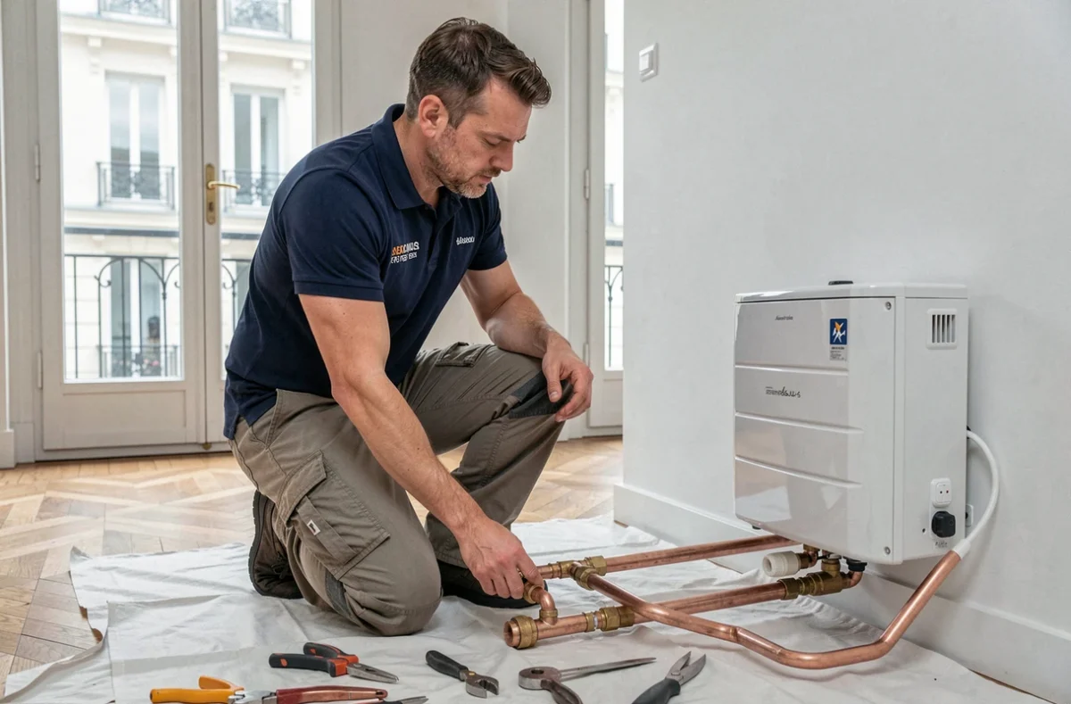 Technicien ICEM Rénovation installant un système de climatisation dans un appartement parisien rénové