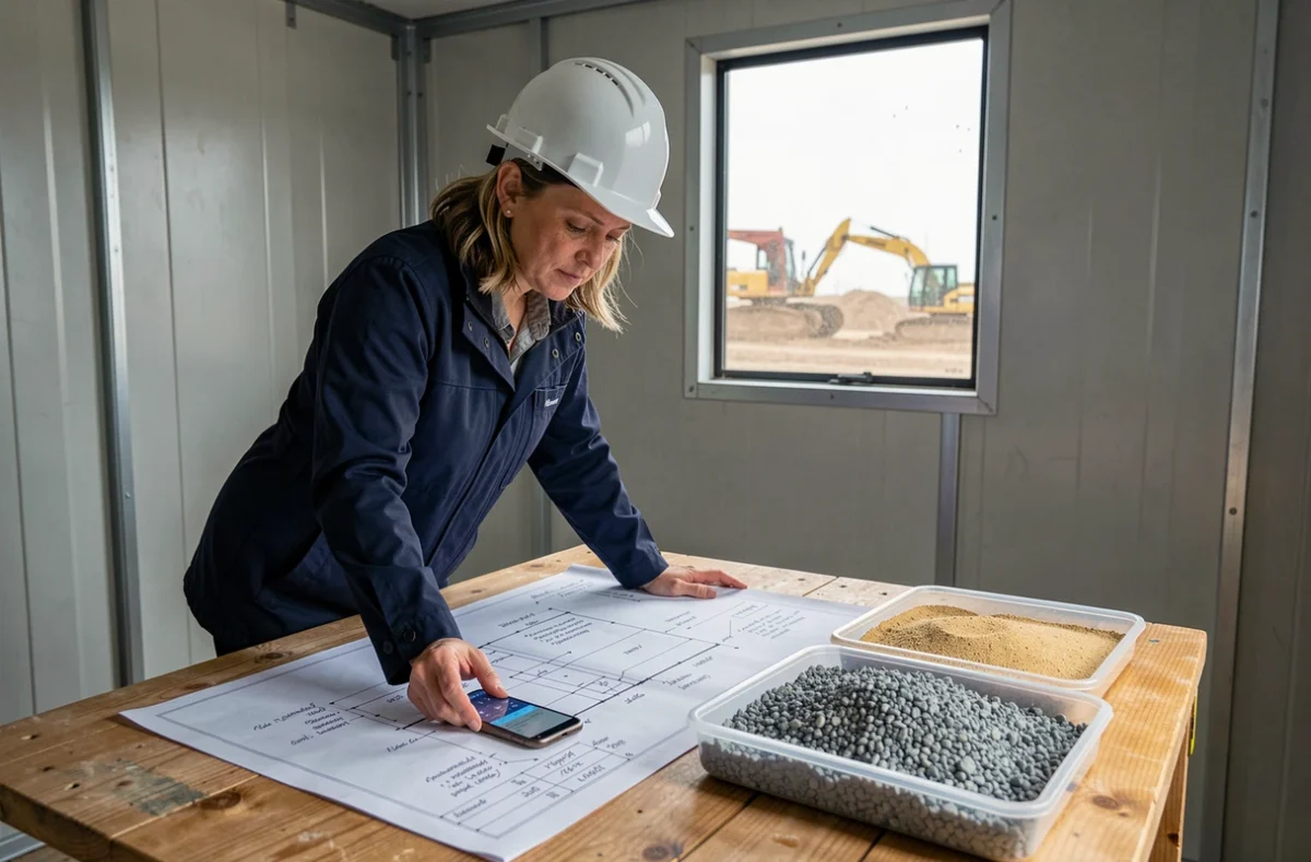 Ingénieure calculant les volumes de gravier et sable en mètres cubes sur des plans de chantier
