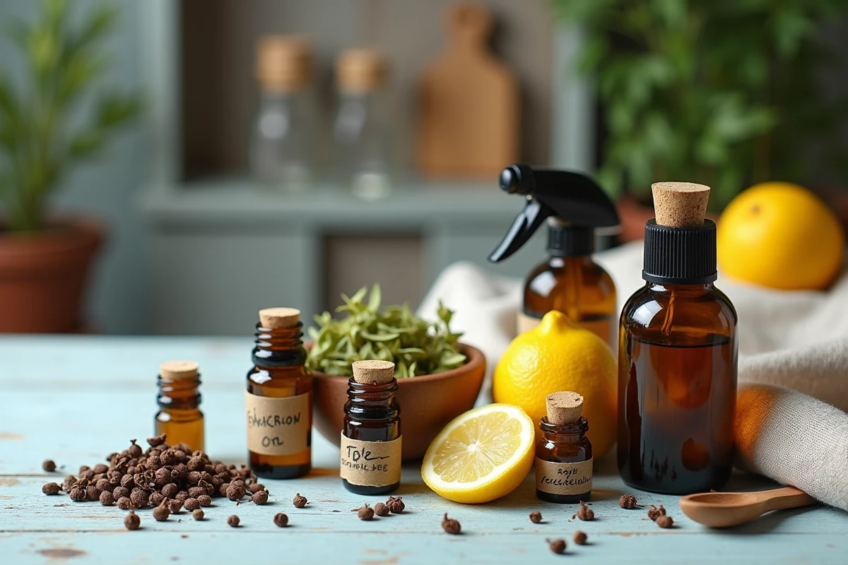 Vue de dessus des ingrédients naturels pour fabriquer un répulsif anti-insectes maison avec huiles essentielles, citron et clous de girofle