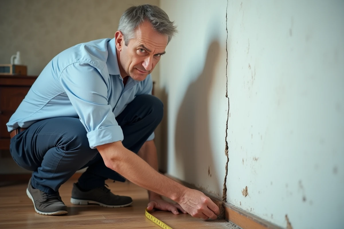 Inspecteur immobilier examinant une fissure diagonale sur un mur intérieur lors d'un diagnostic de vice caché