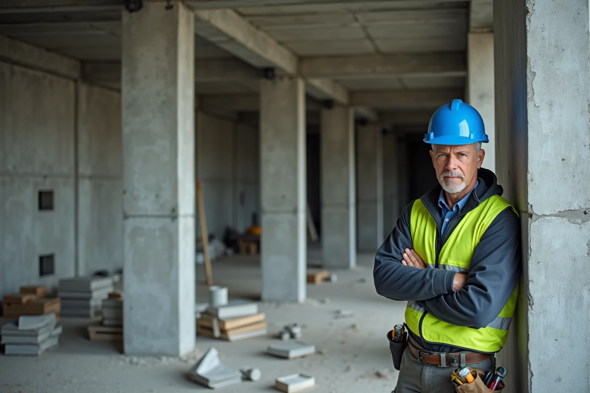 Inspecteur de sécurité effectuant une vérification de conformité à l'intérieur d'un bâtiment industriel en cours de construction