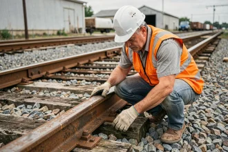 Technicien ferroviaire inspectant une traverse de chemin de fer usagée en acier rouillé dans un dépôt ferroviaire
