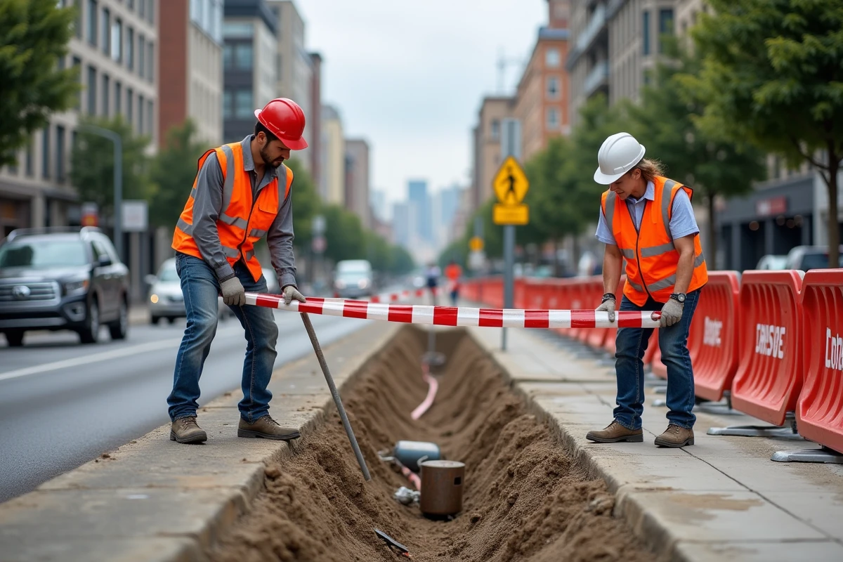 Ouvriers installant des barrières de sécurité et un balisage temporaire autour d'une zone de fouille sur un chantier urbain