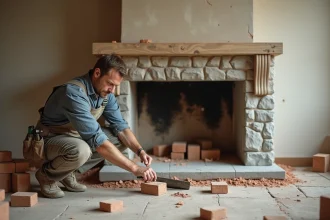 Artisan installant une cheminée en pierre dans un salon en cours de rénovation