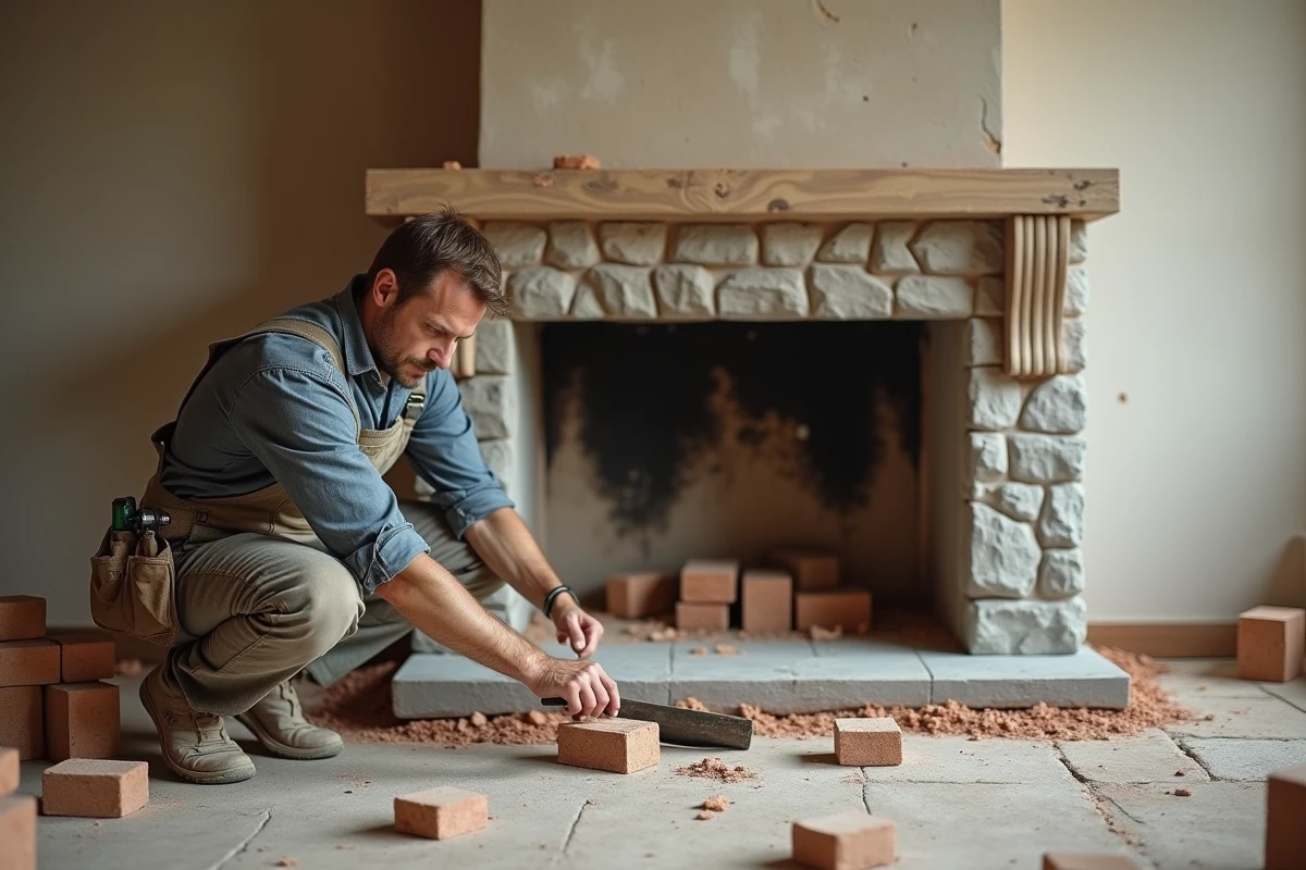 Artisan installant une cheminée en pierre dans un salon en cours de rénovation