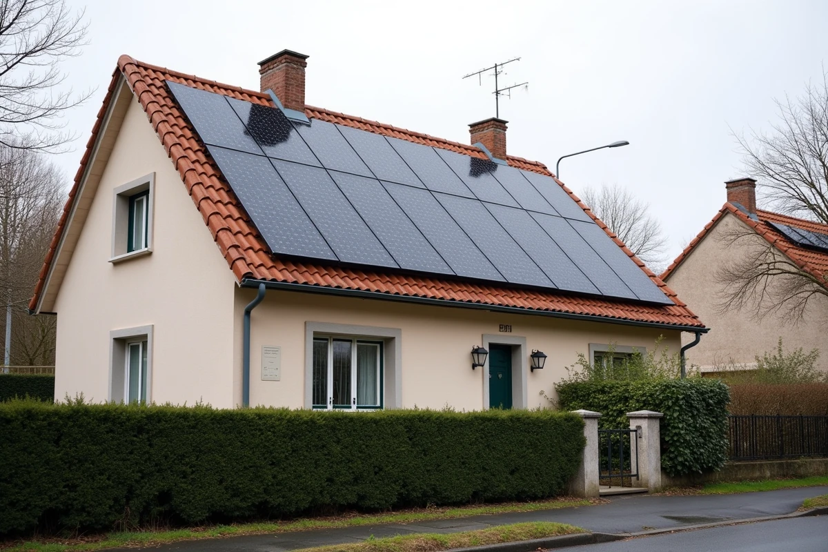 Vue extérieure d'une maison de 150m2 avec installation complète de panneaux solaires sur le toit