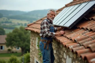 Artisan installant des panneaux solaires sur le toit d'une ancienne maison en pierre pour la rendre autonome en énergie