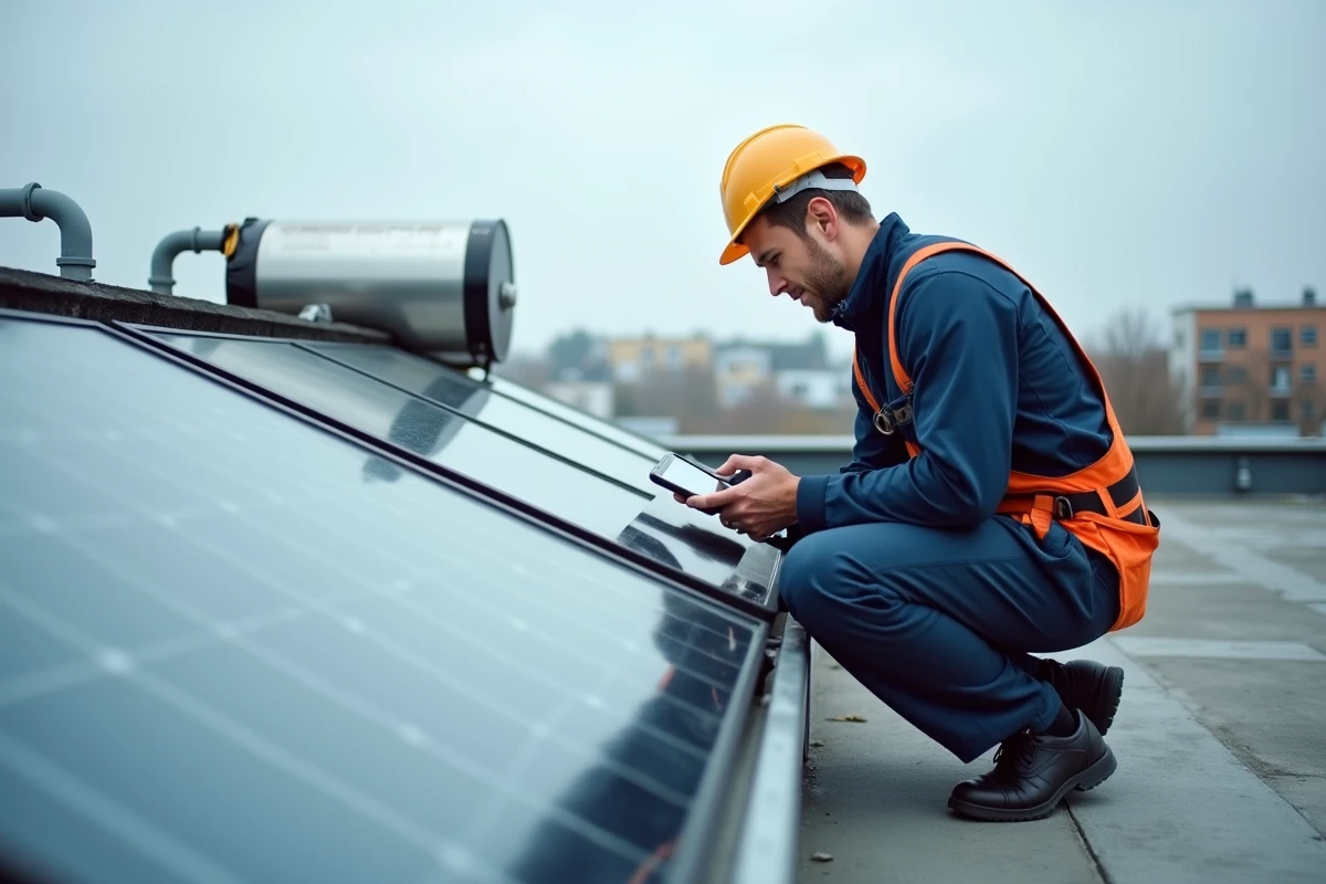 Technicien inspectant une pompe à chaleur air-air et des panneaux solaires thermiques sur un toit urbain