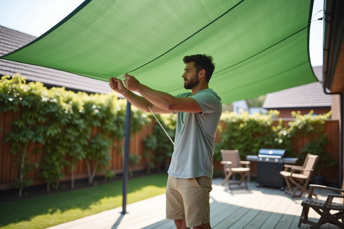 Homme installant une voile d'ombrage verte sur une terrasse de maison individuelle pour se protéger du soleil et de la chaleur