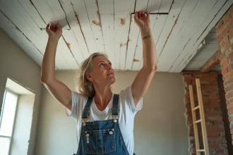 Femme installant des lames de bois sur un vieux plafond fissuré lors de travaux de rénovation intérieure