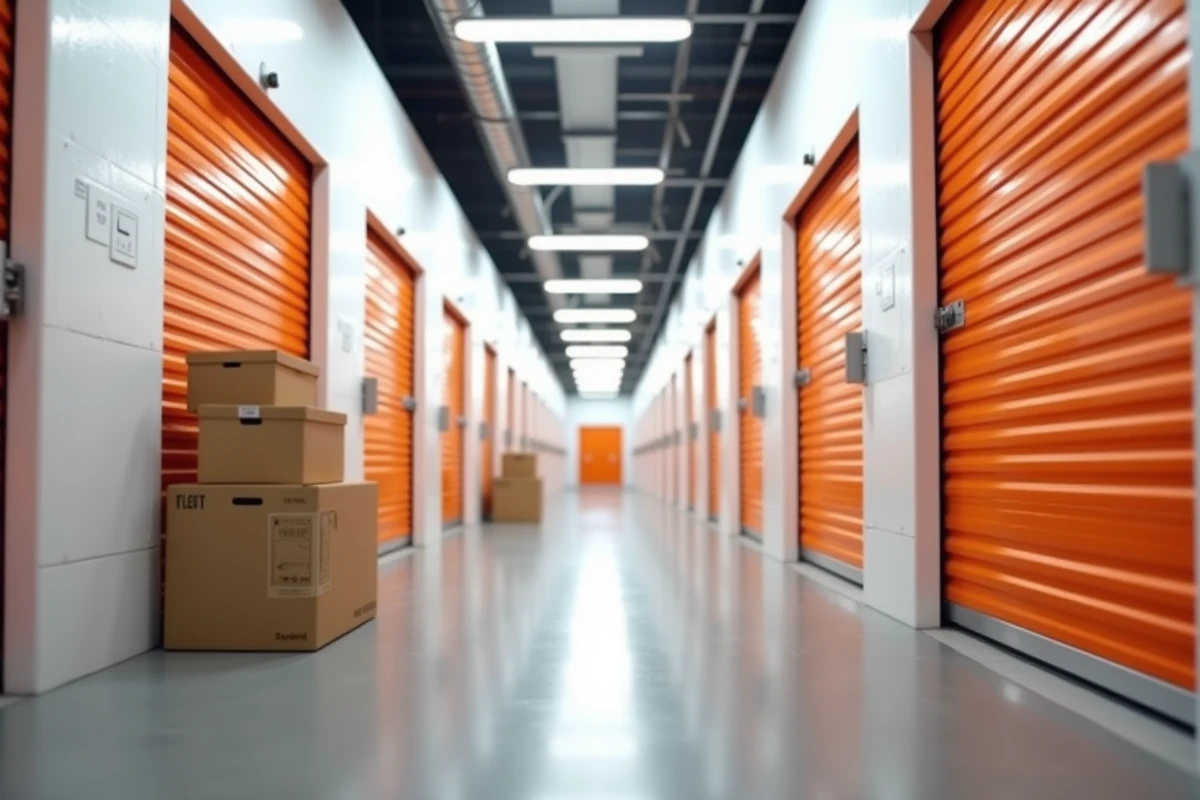 Couloir intérieur d'un garde-meuble avec unités à louer et boxes bien organisés