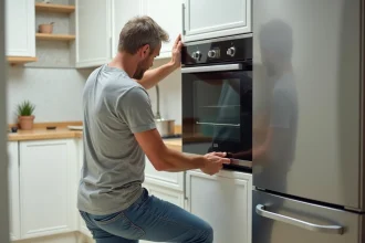 Homme installant un panneau isolant entre le four et le réfrigérateur dans une cuisine moderne