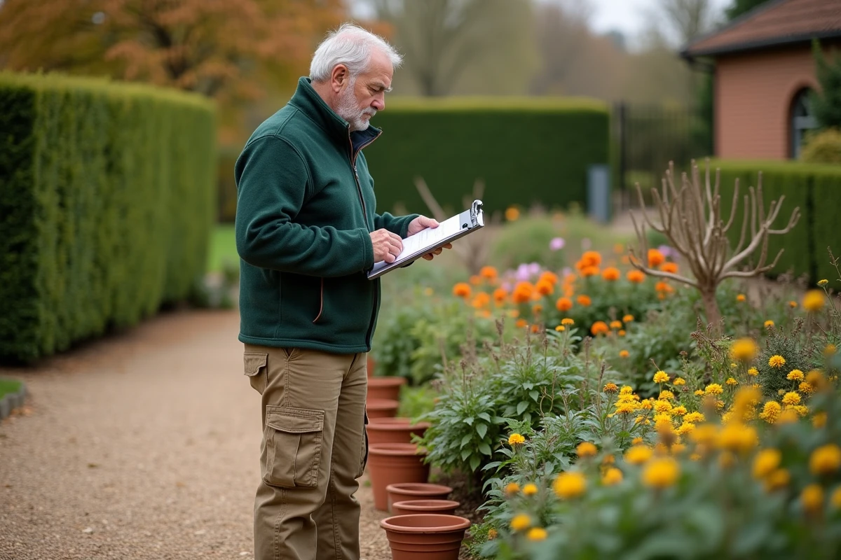Jardinier professionnel planifiant la disposition d'un massif mixte avec des plantes en pot devant un jardin botanique