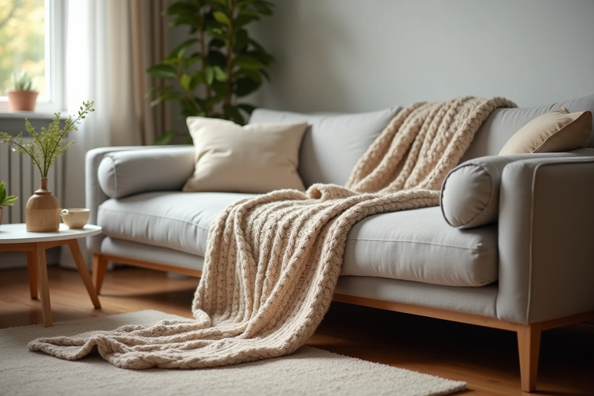 Jeté en tricot beige soigneusement disposé sur un canapé gris moderne dans un salon cosy