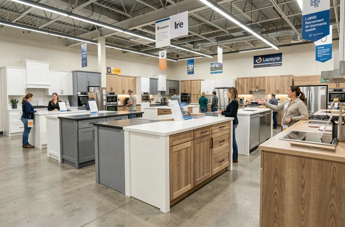 Rayon cuisine Lapeyre dans le Val-de-Marne avec expositions de cuisines modulaires en blanc, gris et bois